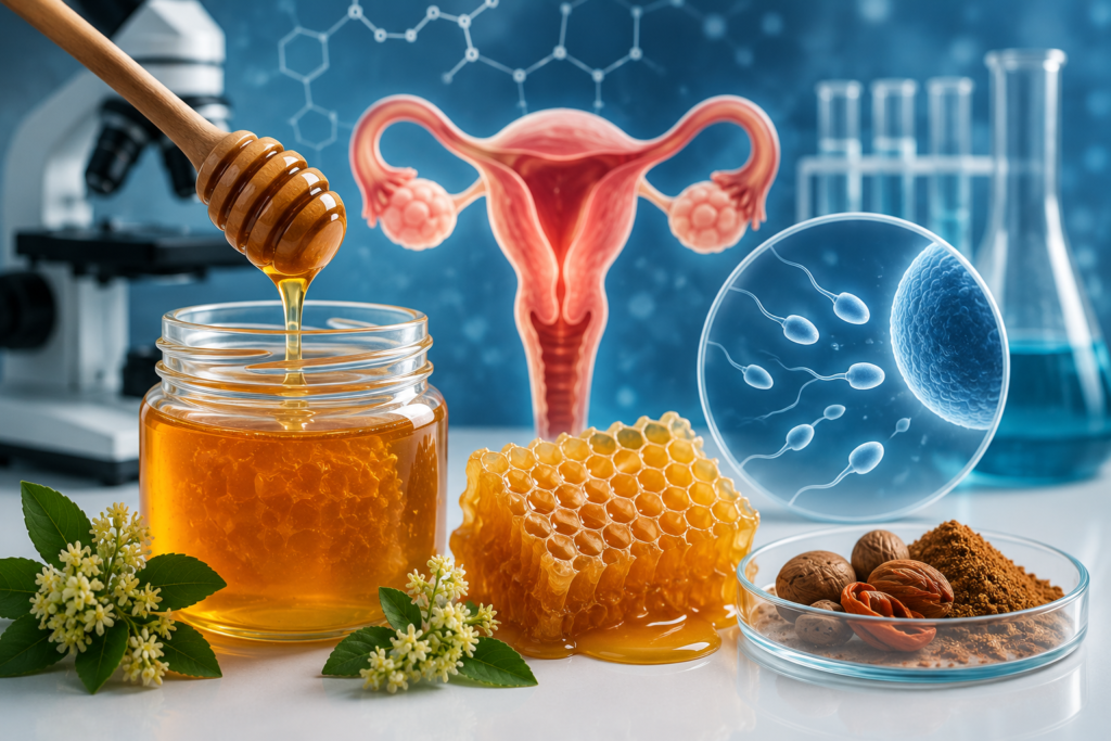 صورة علمية لعسل طبيعي مع خلية نحل وأزهار السدر وخلفية طبية ترمز إلى الخصوبة والصحة الإنجابية ودور العسل الطبيعي في الدراسات العلمية المتعلقة بالحمل.