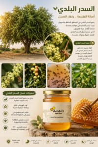 إنفوجرافيك عن السدر البلدي يوضح شجرة السدر البلدي وأزهار السدر وثمار النبق مع عبوة عسل السدر البلدي من وادي ديم وقرص العسل الطبيعي.