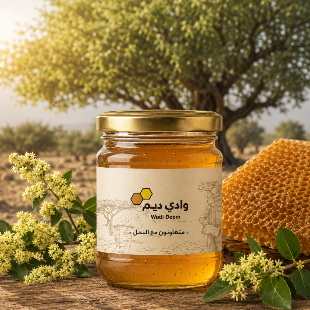 عبوة عسل السدر البلدي من وادي ديم بجانب أزهار السدر وقرص شمع العسل في بيئة طبيعية دافئة مع شجرة السدر في الخلفية.