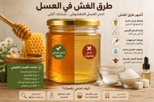 صورة توضيحية تقارن بين العسل الطبيعي والعسل المغشوش، حيث يظهر العسل الأصلي بلونه الذهبي وقوامه الكثيف مقابل عسل صناعي فاتح اللون مع سكر وشرابات صناعية وأدوات مخبرية تشير إلى طرق الغش في العسل.