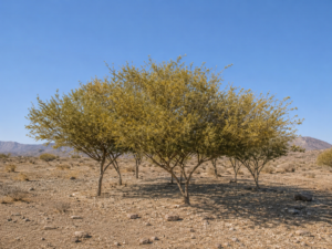 شجرة الفتنة Vachellia في بيئة صحراوية برية بالمملكة العربية السعودية، تظهر بأغصانها الكثيفة وأوراقها الدقيقة المميزة ضمن الغطاء النباتي الصحراوي.