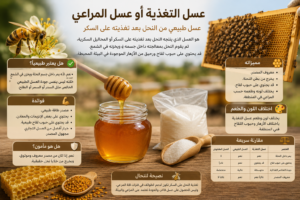 صورة لعسل التغذية أو عسل السكر المستخرج من خلايا النحل بعد تغذية النحل على المحلول السكري مع وجود شمع العسل وحبوب اللقاح في بيئة طبيعية.