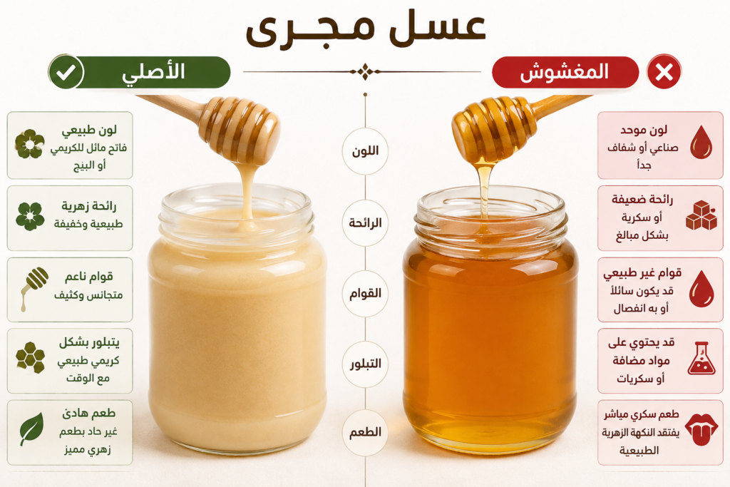 مقارنة توضيحية بين عسل المجرى الأصلي والمغشوش، تُظهر الفرق في اللون والقوام والرائحة والتبلور، حيث يبدو العسل الأصلي بلون كريمي فاتح بينما يظهر العسل المغشوش بلون كهرماني شفاف.