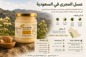تصميم توضيحي عن سعر عسل المجرى في السعودية يظهر عبوة عسل مجرى من وادي ديم وسط الطبيعة الجبلية مع معلومات عن مواصفات العسل ومصدره وفوائده.