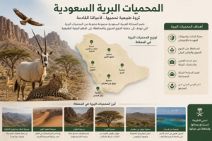منحل نحل داخل محمية طبيعية في السعودية تحيط به النباتات البرية والأشجار الصحراوية في أجواء ربيعية مناسبة لإنتاج العسل الطبيعي.