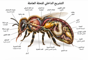 تشريح نحلة العسل مع توضيح الرأس والصدر والبطن ومعدة العسل والجهاز الهضمي