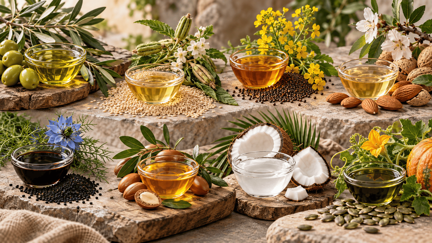 أنواع الزيوت الطبيعية مثل زيت الزيتون والسمسم والخردل واللوز وحبة البركة والأركان وجوز الهند والقرع