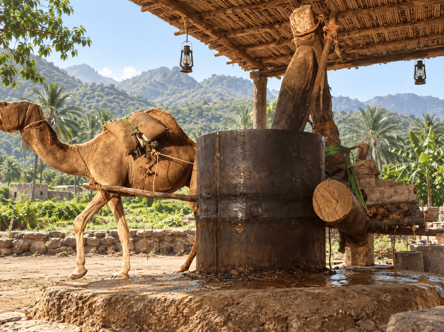 طريقة عصر السمسم القديمة في المعاصر التقليدية السعودية
